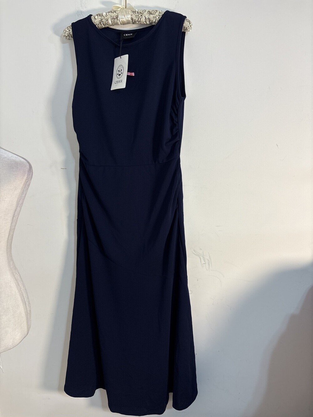 New With Tags Cider Navy Blue Sleeveless Midi Dress Size XL Ruched Sides